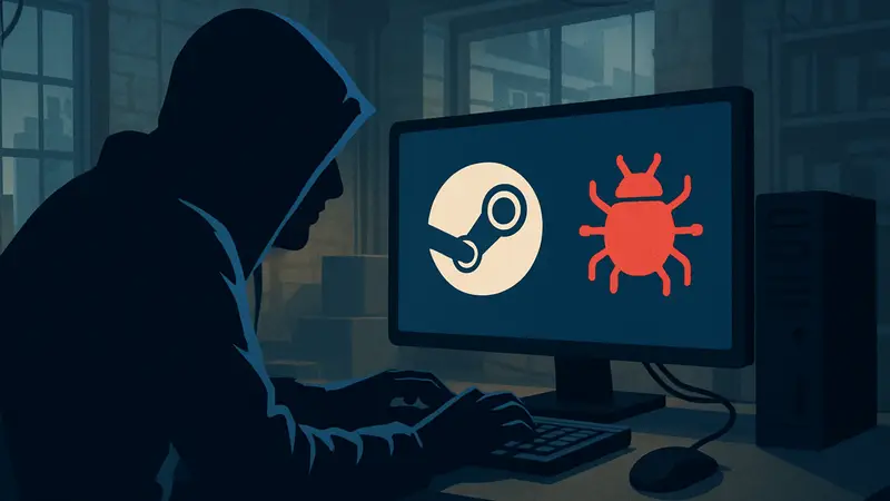 Хакер использует компьютер для кражи данных из Steam, на экране логотип Steam и значок вируса.