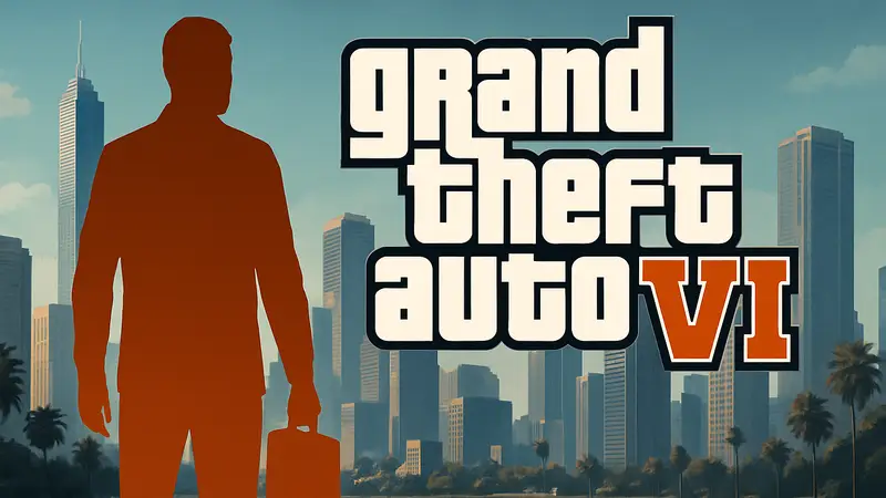 Логотип GTA 6 на фоне города с небоскребами, символизирующий игровую вакансию.