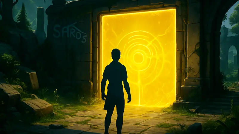 Игровой скриншот из Saros с изображением желтого барьера, который нужно открыть