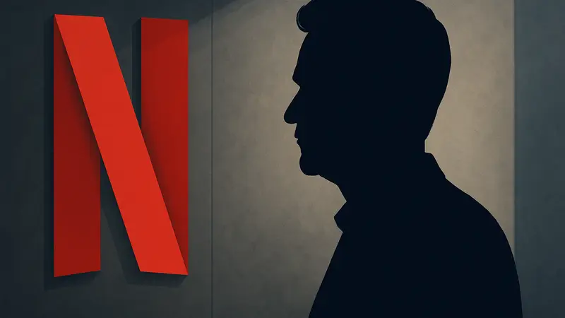 Портрет Рида Хастингса, сооснователя Netflix, на фоне логотипа компании