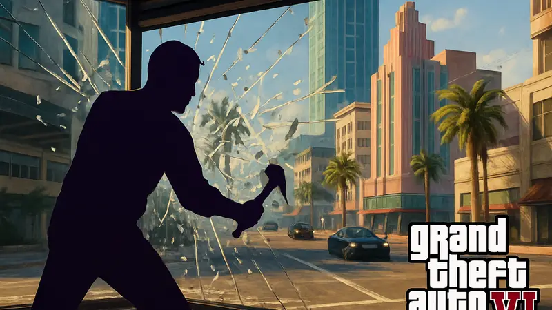 Игровой скриншот или концепт-арт Grand Theft Auto 6, демонстрирующий разрушаемое стекло в городе.