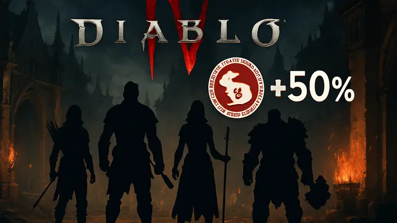 Арт Diablo 4 с символикой Лунного Нового года и показателем бонуса к опыту от события.