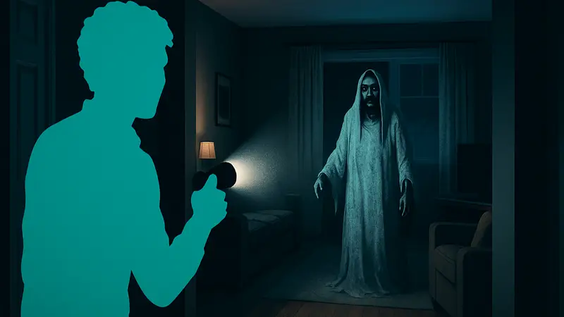 Игровой скриншот из Phasmophobia с призраком на карте Tanglewood Drive во время испытания Entangled Terror.