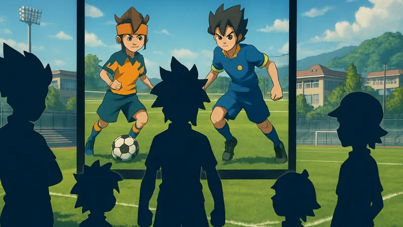 Персонажи Inazuma Eleven, футбольное поле, аниме-стилистика, стрим INA-DAI