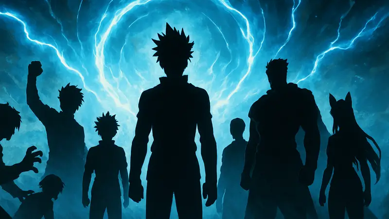 Группа персонажей из сёнэн аниме, способных поглощать энергию, на фоне энергетических эффектов.
