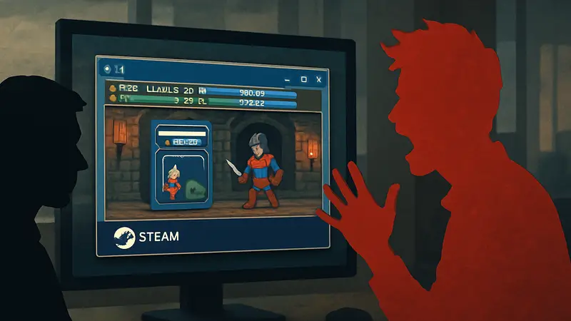 Скриншот игры TBH: Task Bar Hero на панели задач Steam, иллюстрация скандала