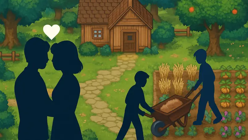 Кадры из игры Fields of Mistria, демонстрирующие романтические отношения и игровые механики на ферме.