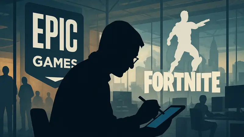 Эксперт анализирует проблемы Epic Games и Fortnite на фоне логотипов компаний и игровой индустрии.