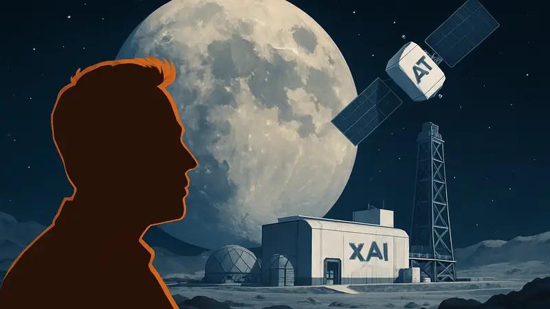 Илон Маск на фоне Луны и концепта лунной фабрики xAI, строящей ИИ-спутники для запуска в космос.
