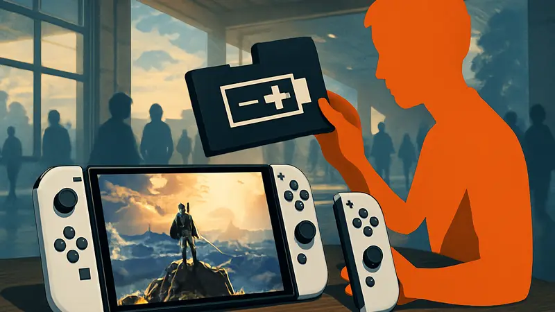 Консоль Nintendo Switch с отсоединенным контроллером, символизирующая возможность замены батареи.