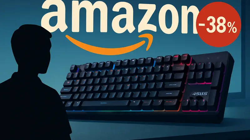 Игровая механическая клавиатура ASUS на фоне логотипа Amazon с указанием скидки 38%.