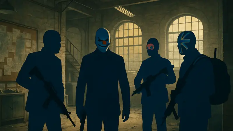 Кадр из игры Payday 2: команда грабителей готовится к очередному заданию.