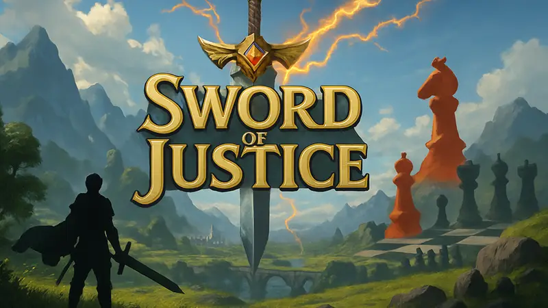 Логотип Sword of Justice с элементами обновления Roaring Thunder и автошахмат