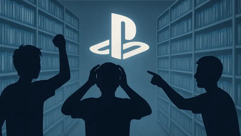 Логотип PlayStation на фоне стеллажей с дисками, символизирующий переход к цифровой дистрибуции и реакцию игроков.