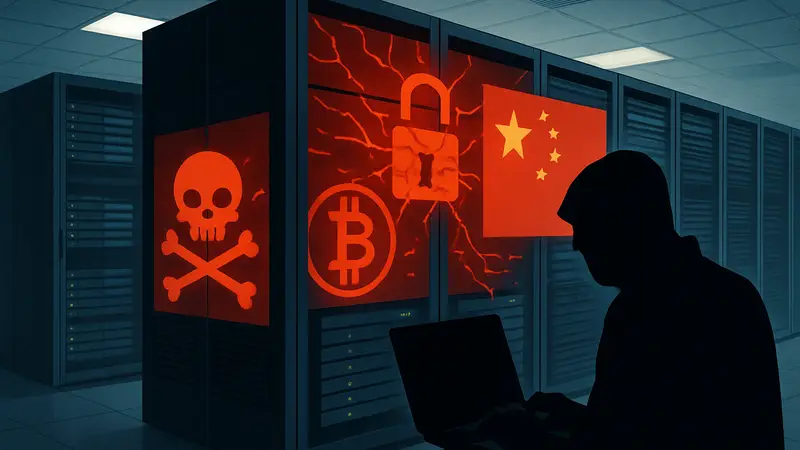 Изображение суперкомпьютера с символами хакерства и криптовалюты, взлом китайского суперкомпьютера.