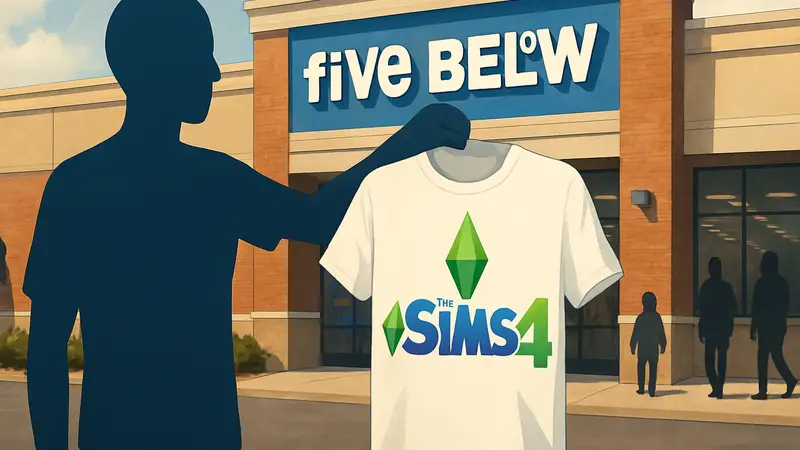 Футболка или другой мерч с символикой игры Sims 4 на фоне магазина Five Below.