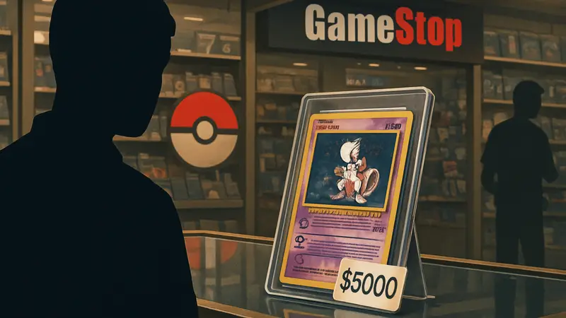 Редкая коллекционная карта Pokémon, выставленная на продажу в магазине GameStop. Крупный план и ценник.