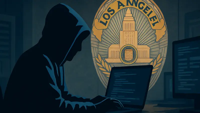 Схематичное изображение хакера за компьютером на фоне логотипа LAPD