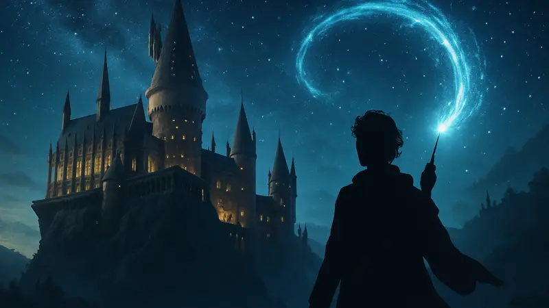 Замок Хогвартс из игры Hogwarts Legacy на фоне звёздного неба, магический эффект