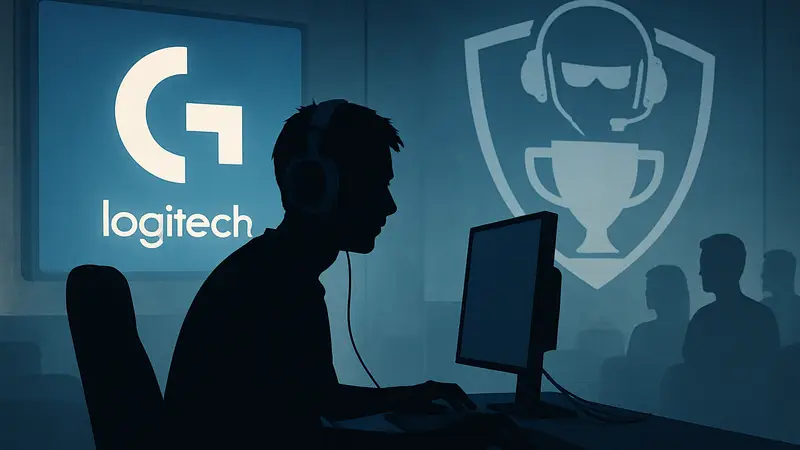 Молодой киберспортсмен играет за компьютером, на фоне логотип Logitech и символика киберспорта.