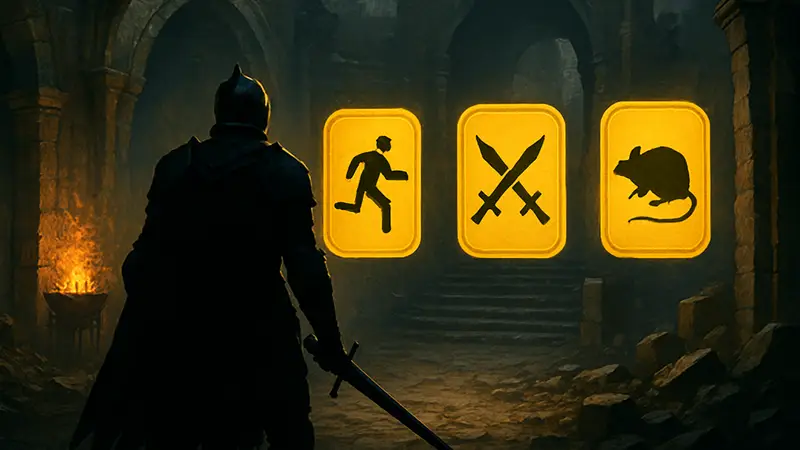 Изображение демонстрирует темного рыцаря из Souls-игры, который стоит перед выбором новых игровых челленджей.