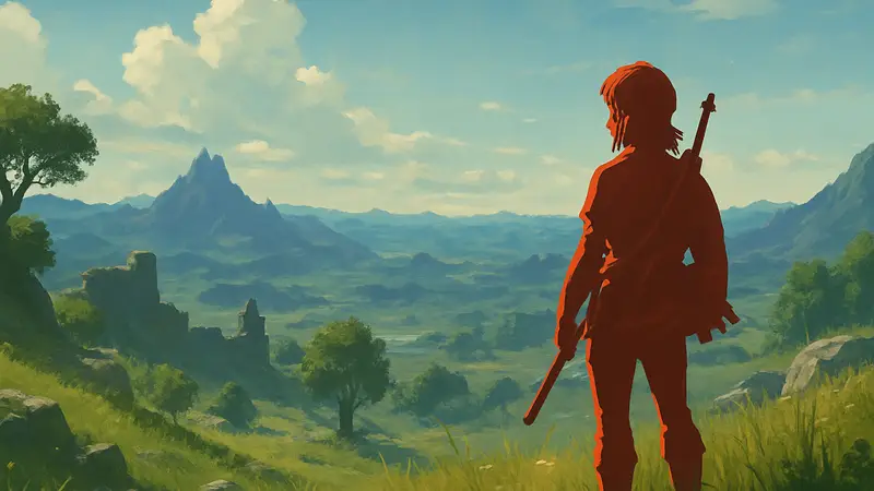 Игровой скриншот The Legend of Zelda: Breath of the Wild с Линком в открытом мире.