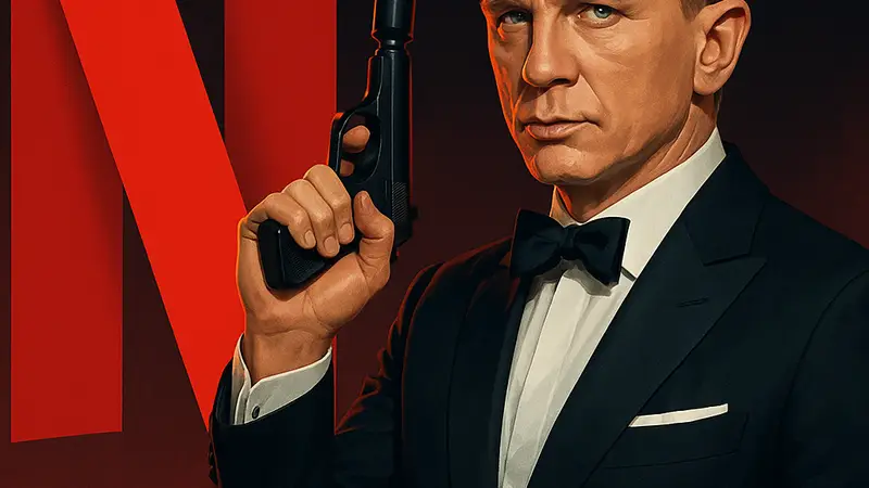 Изображение Джеймса Бонда на фоне логотипа Netflix, символизирующее успех фильмов франшизы на стриминге.