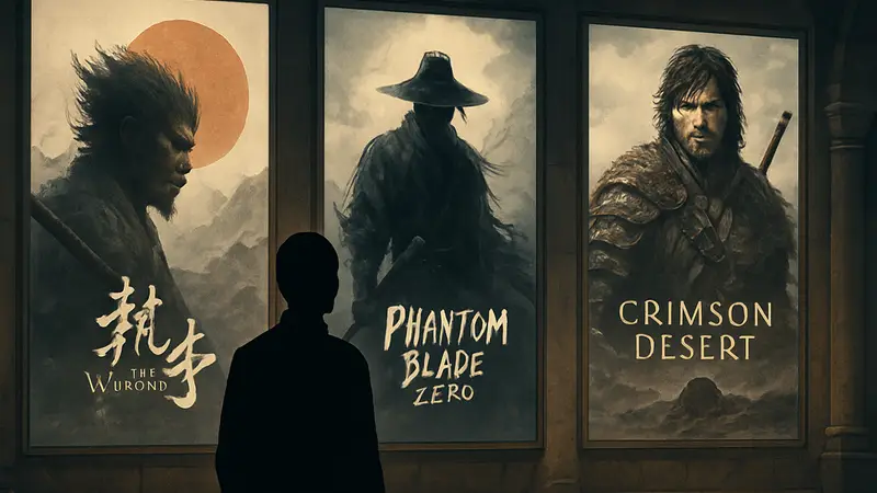 Логотипы или скриншоты игр Black Myth: Wukong, Phantom Blade Zero, Crimson Desert.