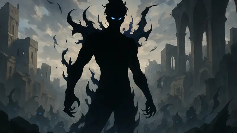 Сун Джинву в новой форме Shadow Monarch из игры Solo Leveling Arise, демонстрирующий свои силы