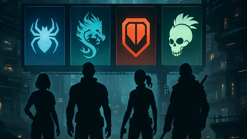 Скриншот из игры Cyber Knights: Flashpoint, демонстрирующий элементы киберпанка и фракционные знаки. Игровые новости.