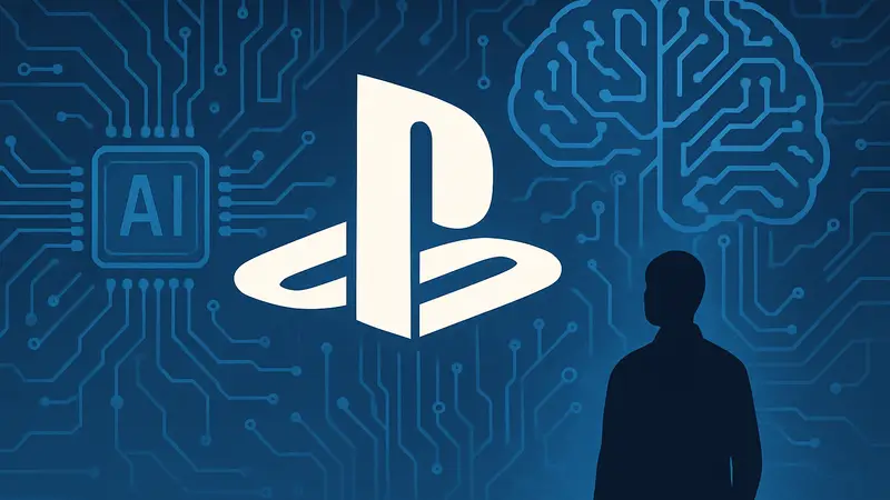 Логотип Sony PlayStation с символами искусственного интеллекта на заднем плане, иллюстрирующий внедрение ИИ в игры.