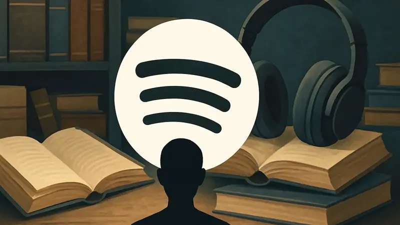 Логотип Spotify на фоне иллюстрации с книгами и наушниками, символизирующими аудиокниги