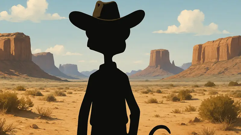 Главный герой мультфильма Ранго в ковбойской шляпе, стоящий посреди пустыни, фильм Ранго