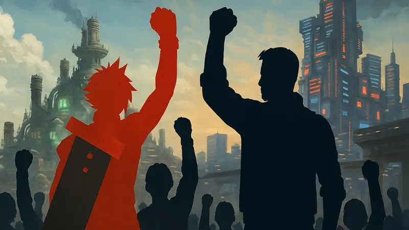 Персонажи из Final Fantasy VII и Cyberpunk 2077 на фоне городов, символизирующих борьбу за права