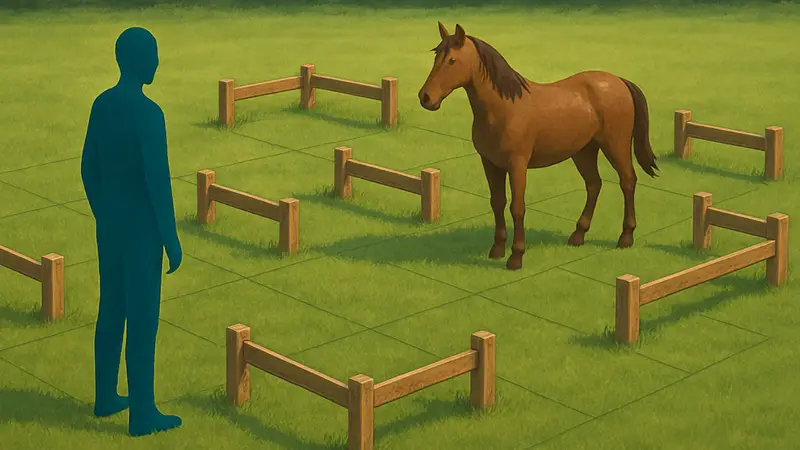 Enclose.horse: игровое поле с лошадью и фрагментами забора на зеленой траве.