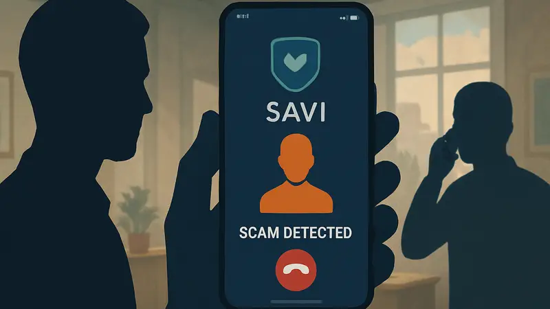 Скриншот мобильного приложения Savi, защищающего от ИИ-мошенничества и фейковых звонков.