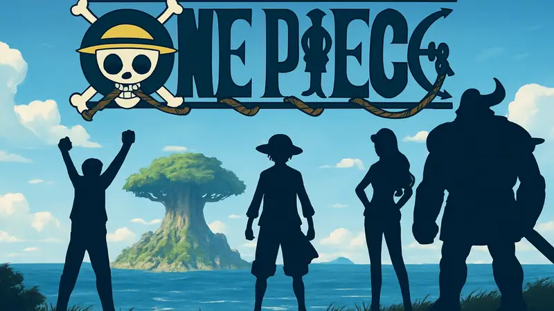 Логотип One Piece с изобра жением персонажей и отсылкой к арке Эльбаф, подтвержденной Toei Animation, на фоне морского пейзажа.