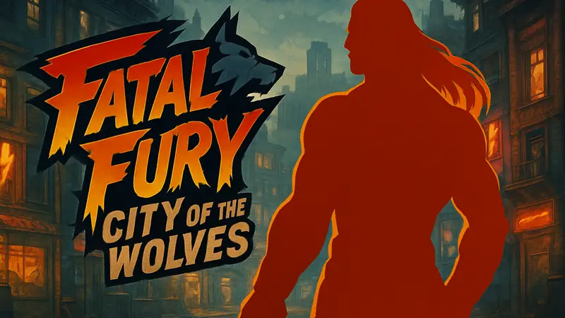 Персонаж Краузер из Fatal Fury: City of the Wolves на фоне логотипа игры