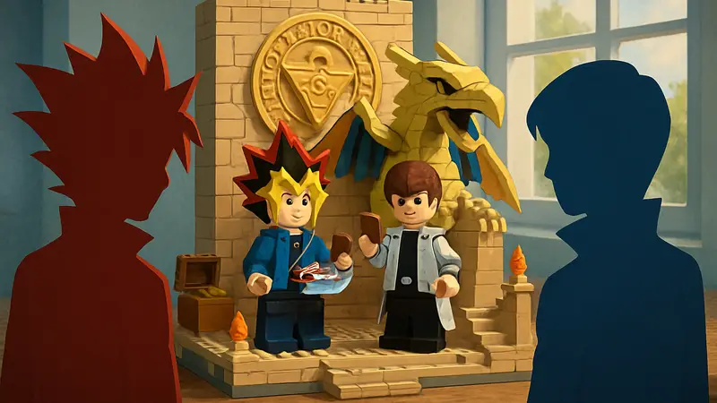Набор Lego с персонажами Yu-Gi-Oh! Юги и Кайбой, символизирующий потенциальный кроссовер