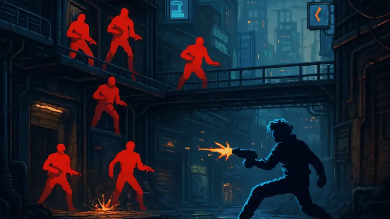 Скриншот или арт из киберпанк-игры Huntdown: Overtime с пиксельной графикой и экшеном.