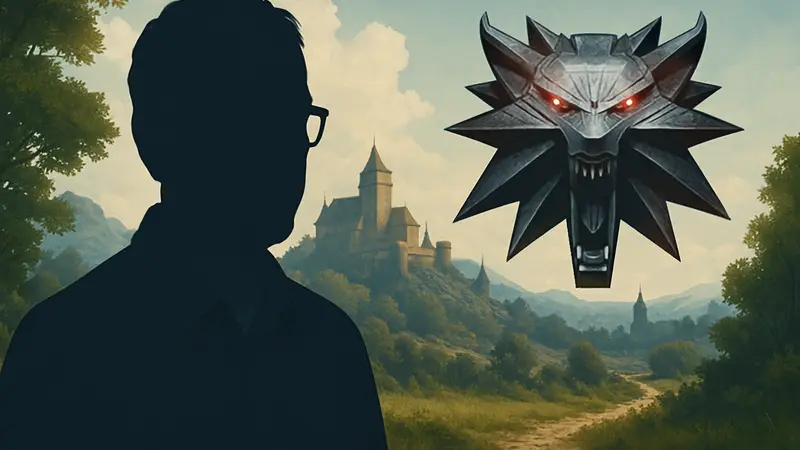 Даг Кокл, озвучивший Геральта, на фоне логотипа The Witcher 3.