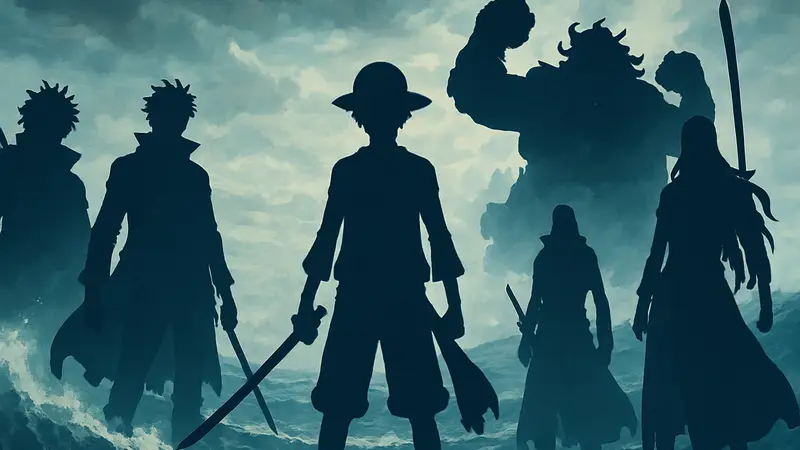Группа пиратов Худшего Поколения из аниме One Piece, готовых к битве, на фоне бушующего моря.