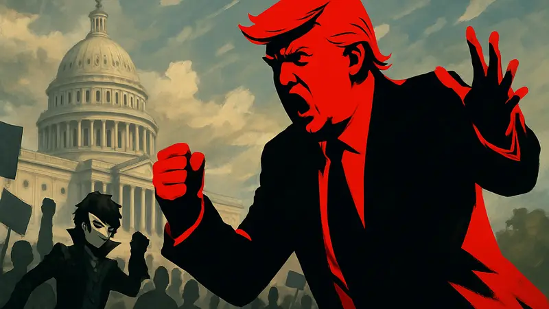 Дональд Трамп в стилистике "All-Out Attack" из игры Persona 5, иллюстрации политического использования игровых мемов.
