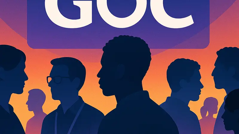 Логотип Game Developers Conference (GDC) на фоне силуэтов людей, символизирующих участников.