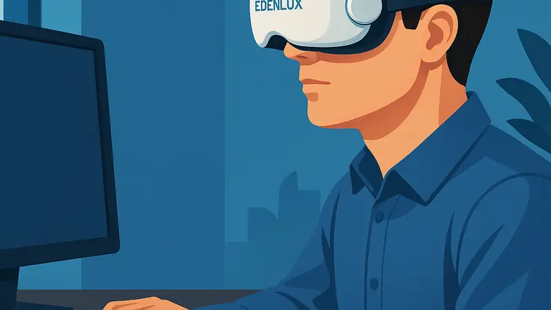 Человек использует носимое устройство Edenlux для защиты глаз от напряжения, сидит за компьютером.