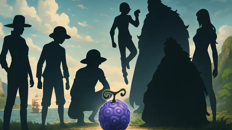 Изображение персонажей One Piece, окружающих Дьявольский фрукт, с намёком на новые способности и улучшение.