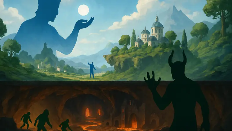 Изображение игрового процесса Sintopia, где показаны небесный и подземный миры.