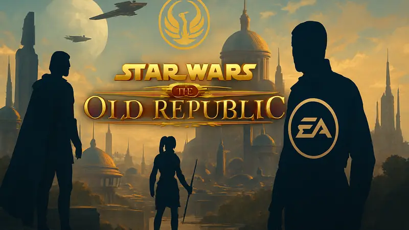 Изображение логотипа Star Wars The Old Republic с намёком на эпоху Новой Республики и логотип EA