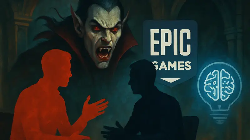 Логотип Vampire Survivors и Epic Games, символизирующие обсуждение сотрудничества из-за ИИ