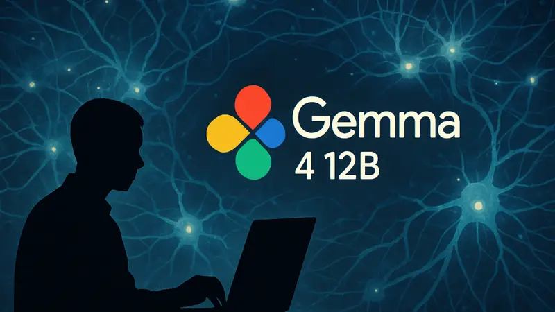 Логотип Google Gemma 4 12B на фоне абстрактных нейронных сетей, символизирующих ИИ и аналитику.